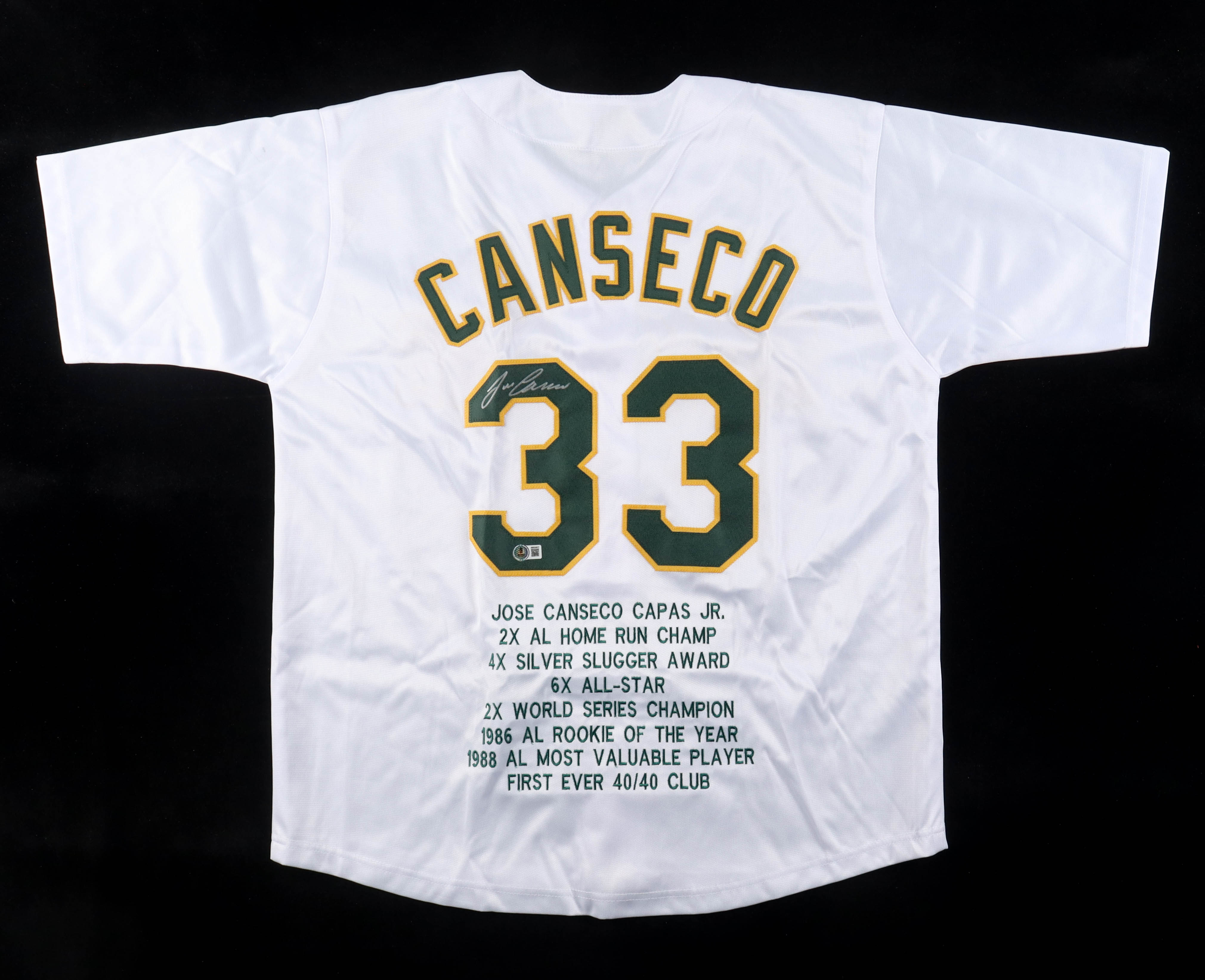 Jose Canseco Signed Career Highlight Stat Jersey (Beckett) at PristineAuction.com Jose Canseco Signed Career Highlight Stat Jersey (Beckett) at PristineAuction.com