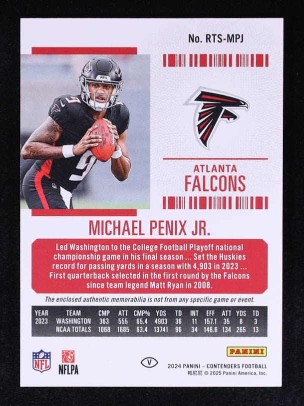 Michael Penix Jr. 2024 Panini Contenders Rookie Ticket Swatches Variations #31 RC at PristineAuction.com Michael Penix Jr. 2024 Panini Contenders Rookie Ticket Swatches Variations #31 RC at PristineAuction.com
