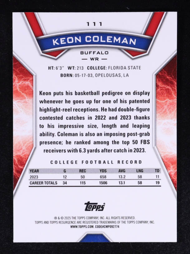 Keon Coleman 2024 Topps Resurgence Navy Surge #111 RC at PristineAuction.com Keon Coleman 2024 Topps Resurgence Navy Surge #111 RC at PristineAuction.com