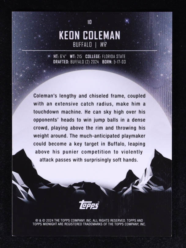 Keon Coleman 2024 Topps Midnight Morning #10 #147/149 RC at PristineAuction.com Keon Coleman 2024 Topps Midnight Morning #10 #147/149 RC at PristineAuction.com
