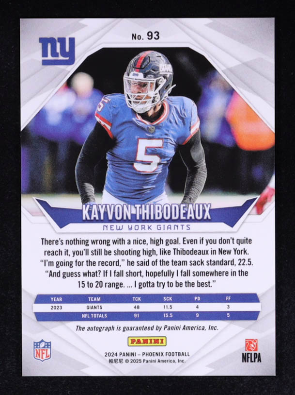 Kayvon Thibodeaux 2024 Panini Phoenix Black Hyper Autographs #93 at PristineAuction.com Kayvon Thibodeaux 2024 Panini Phoenix Black Hyper Autographs #93 at PristineAuction.com