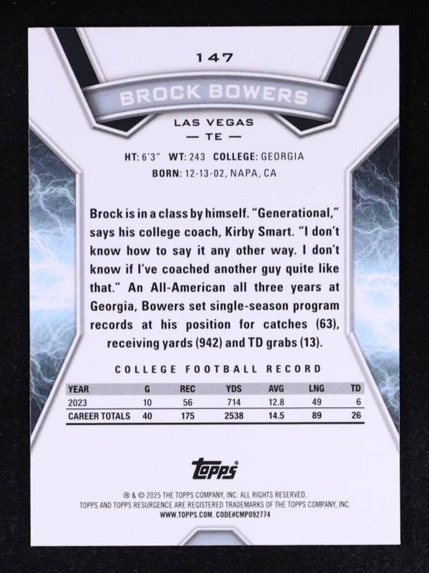 Brock Bowers 2024 Topps Resurgence Blue and Orange Spark #147 RC at PristineAuction.com Brock Bowers 2024 Topps Resurgence Blue and Orange Spark #147 RC at PristineAuction.com