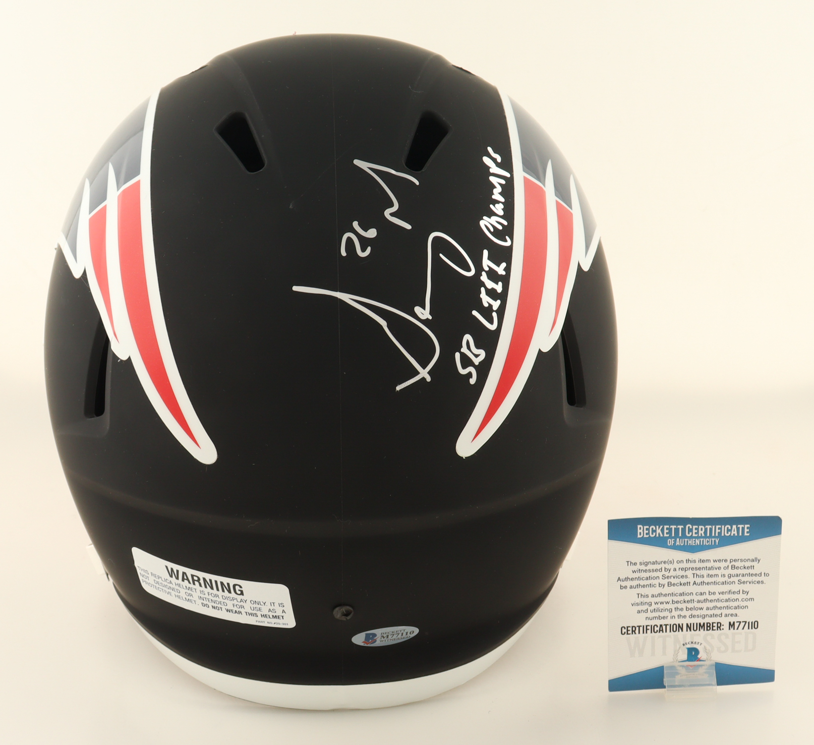 Sony Michel Signed Patriots Full-Size Flat Black Speed Helmet Inscribed "SBLIII Champs" (Beckett) at PristineAuction.com Sony Michel Signed Patriots Full-Size Flat Black Speed Helmet Inscribed "SBLIII Champs" (Beckett) at PristineAuction.com