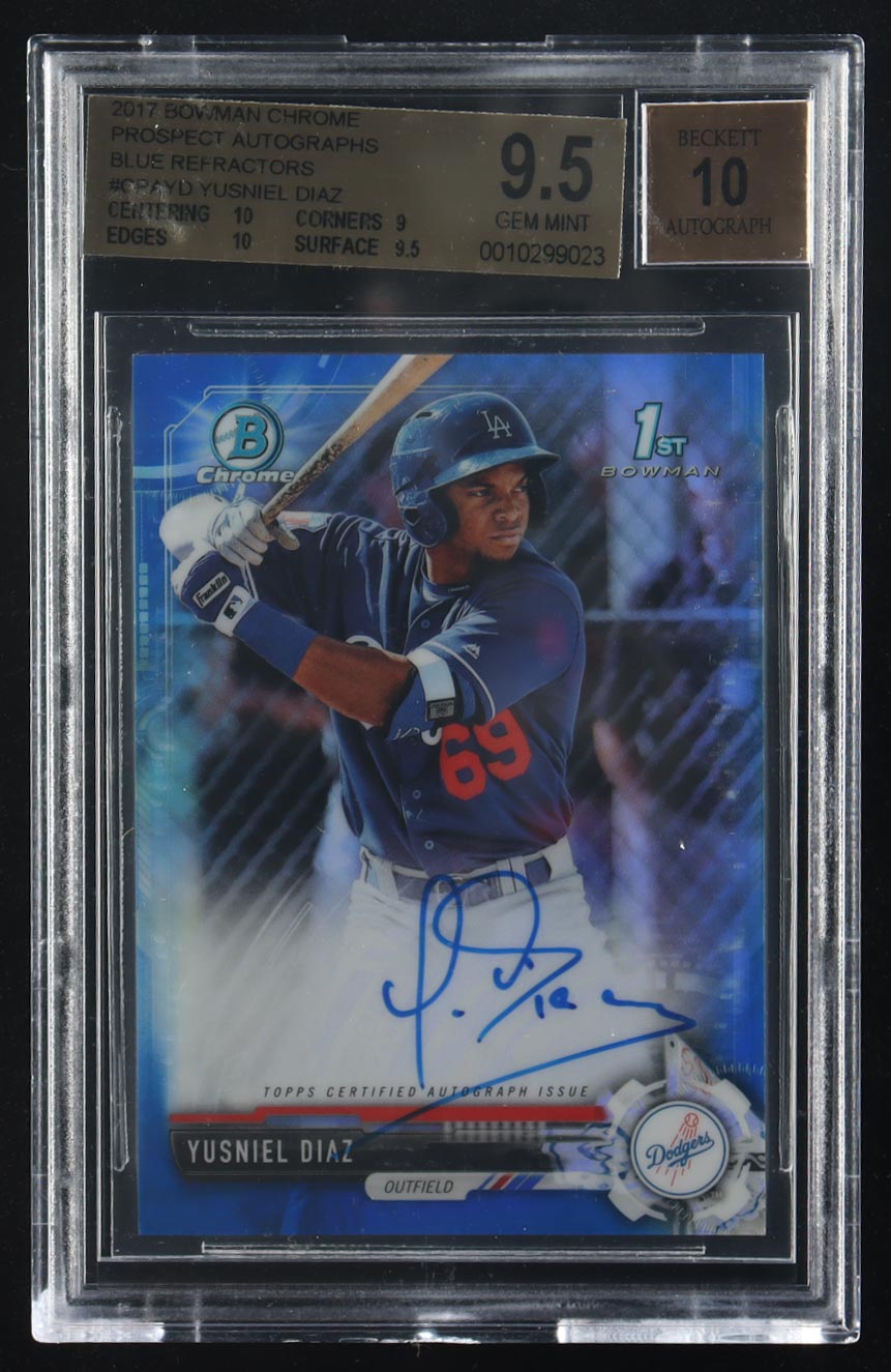 Yusniel Diaz 2017 Bowman Chrome Prospect Autographs Blue Refractors #CPA-YD #52/150 RC (BGS 9.5 | Auto 10) at PristineAuction.com Yusniel Diaz 2017 Bowman Chrome Prospect Autographs Blue Refractors #CPA-YD #52/150 RC (BGS 9.5 | Auto 10) at PristineAuction.com