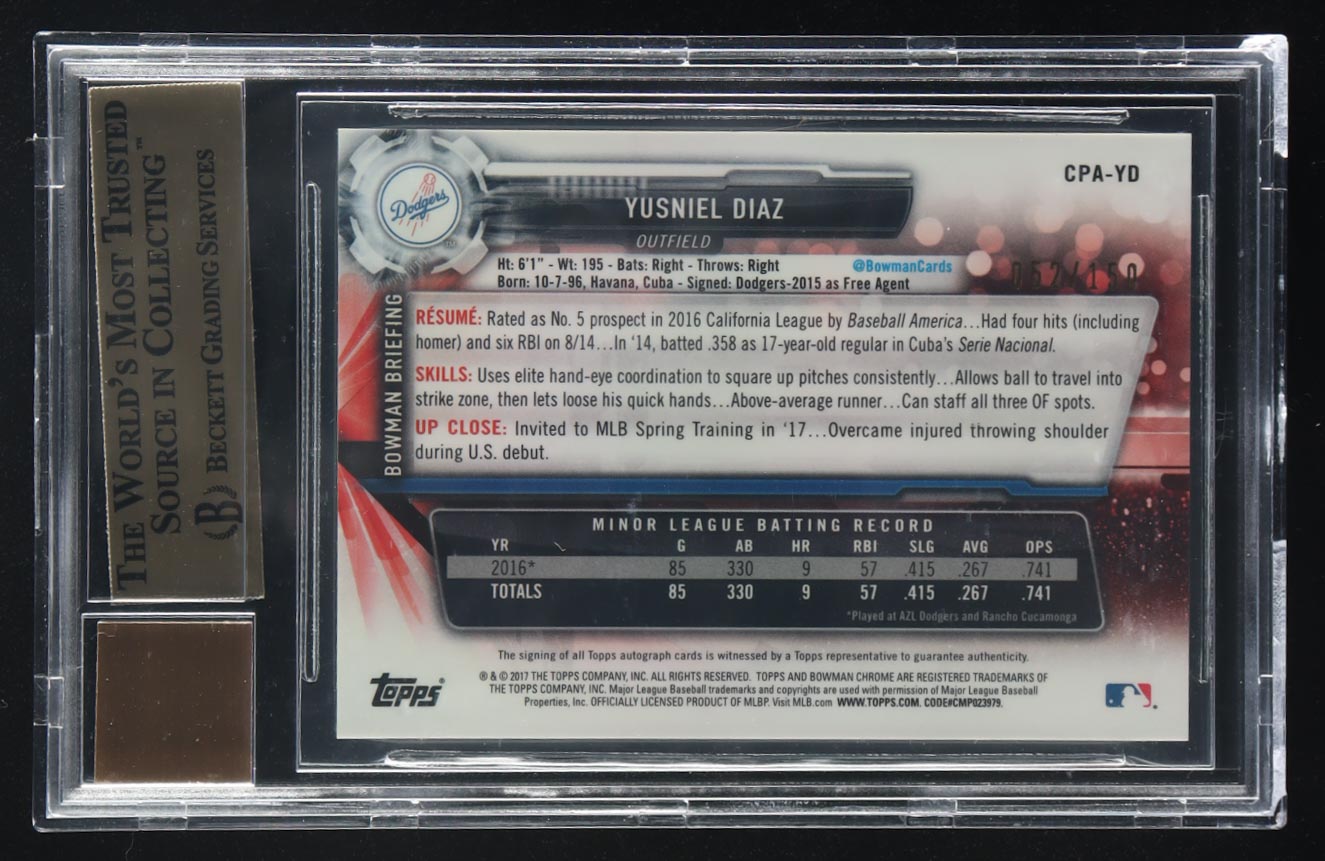 Yusniel Diaz 2017 Bowman Chrome Prospect Autographs Blue Refractors #CPA-YD #52/150 RC (BGS 9.5 | Auto 10) at PristineAuction.com Yusniel Diaz 2017 Bowman Chrome Prospect Autographs Blue Refractors #CPA-YD #52/150 RC (BGS 9.5 | Auto 10) at PristineAuction.com