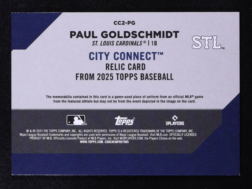 Paul Goldschmidt 2025 Topps City Connect Swatches Blue S2 #CC2PG #025/150 at PristineAuction.com Paul Goldschmidt 2025 Topps City Connect Swatches Blue S2 #CC2PG #025/150 at PristineAuction.com