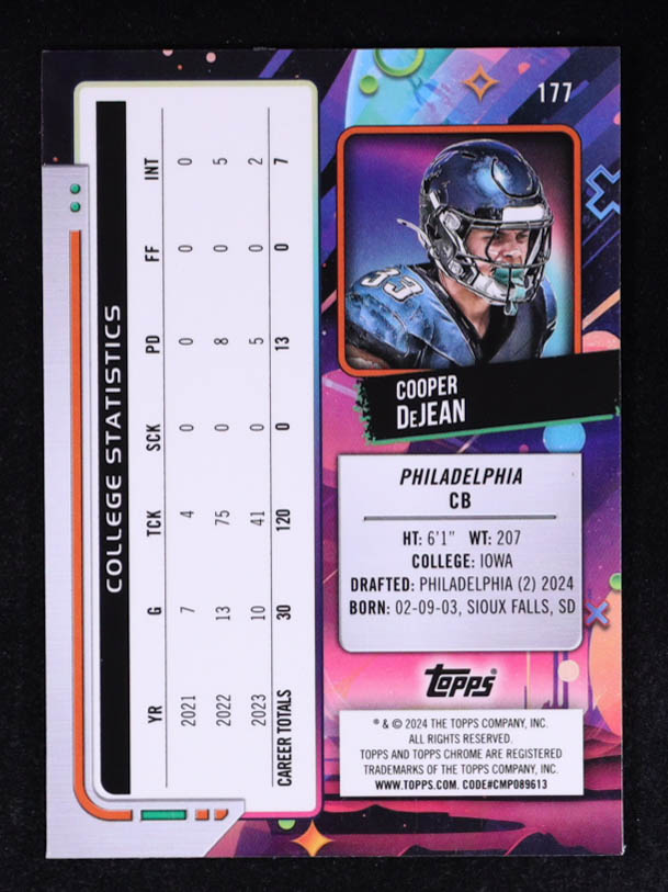 Cooper DeJean 2024 Topps Cosmic Chrome Purple Nebula Refractors #177 #140/150 RC at PristineAuction.com Cooper DeJean 2024 Topps Cosmic Chrome Purple Nebula Refractors #177 #140/150 RC at PristineAuction.com