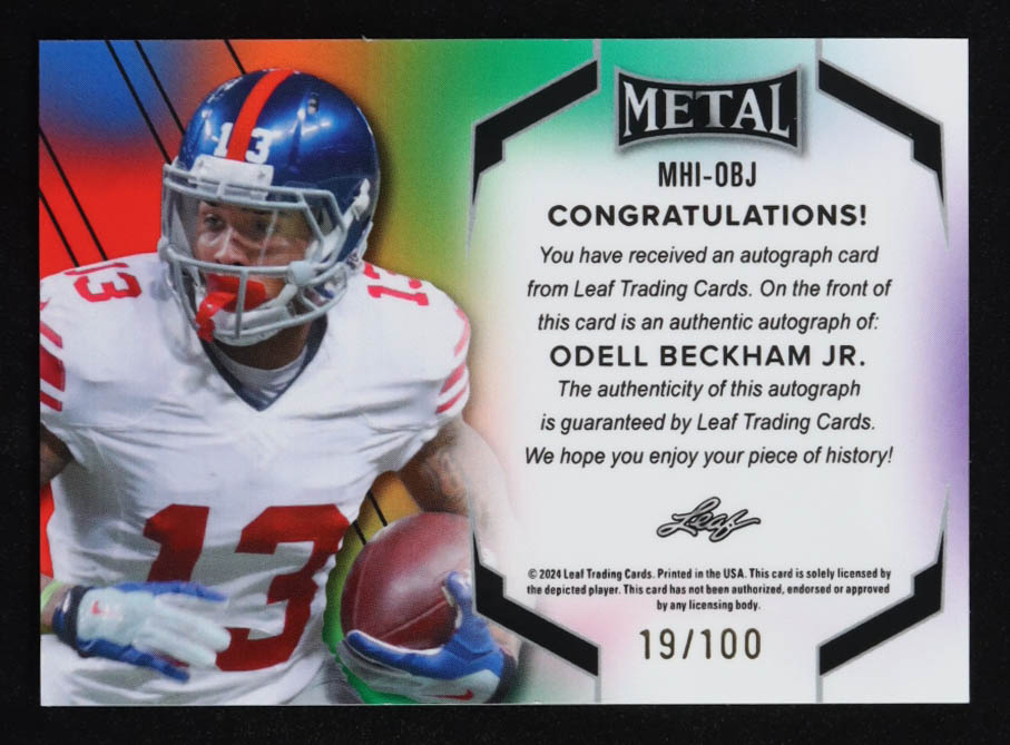Odell Beckham Jr. 2024 Leaf Metal Inscriptions Prismatic Gold #MHIOBJ #019/100 at PristineAuction.com Odell Beckham Jr. 2024 Leaf Metal Inscriptions Prismatic Gold #MHIOBJ #019/100 at PristineAuction.com