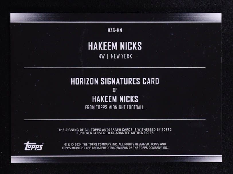 Hakeem Nicks 2024 Topps Midnight Horizon Signatures #HZSHN at PristineAuction.com Hakeem Nicks 2024 Topps Midnight Horizon Signatures #HZSHN at PristineAuction.com