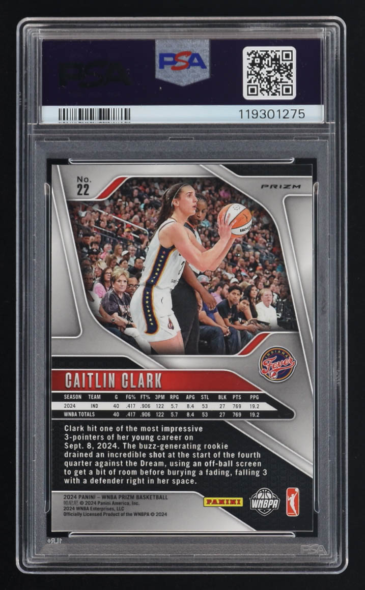 Caitlin Clark 2024 Panini Prizm WNBA Ice Prizm #22 RC (PSA 9) at PristineAuction.com Caitlin Clark 2024 Panini Prizm WNBA Ice Prizm #22 RC (PSA 9) at PristineAuction.com