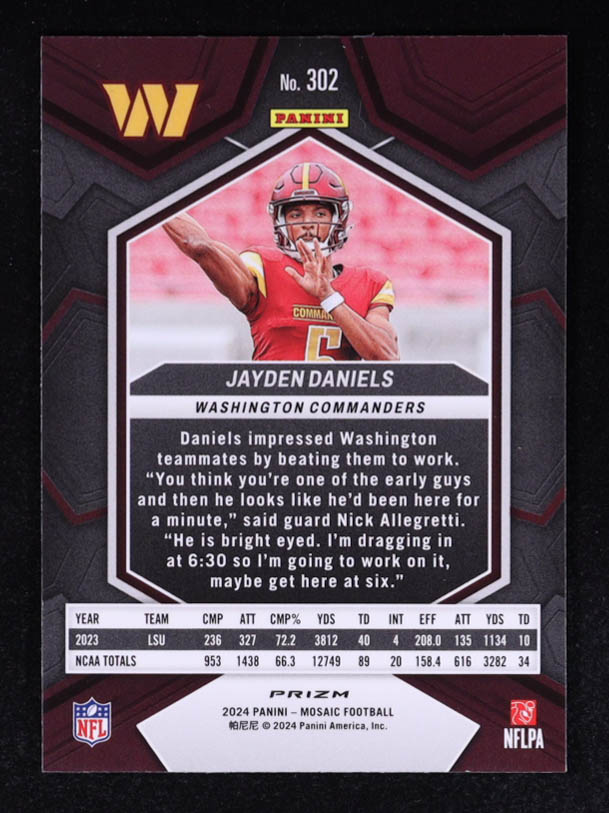 Jayden Daniels 2024 Panini Mosaic Mosaic Green #302 RC at PristineAuction.com Jayden Daniels 2024 Panini Mosaic Mosaic Green #302 RC at PristineAuction.com