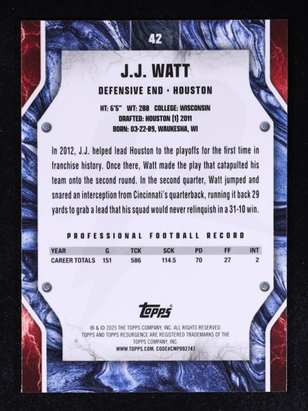 J.J. Watt 2024 Topps Resurgence Blue Surge #42 #91/99 at PristineAuction.com J.J. Watt 2024 Topps Resurgence Blue Surge #42 #91/99 at PristineAuction.com