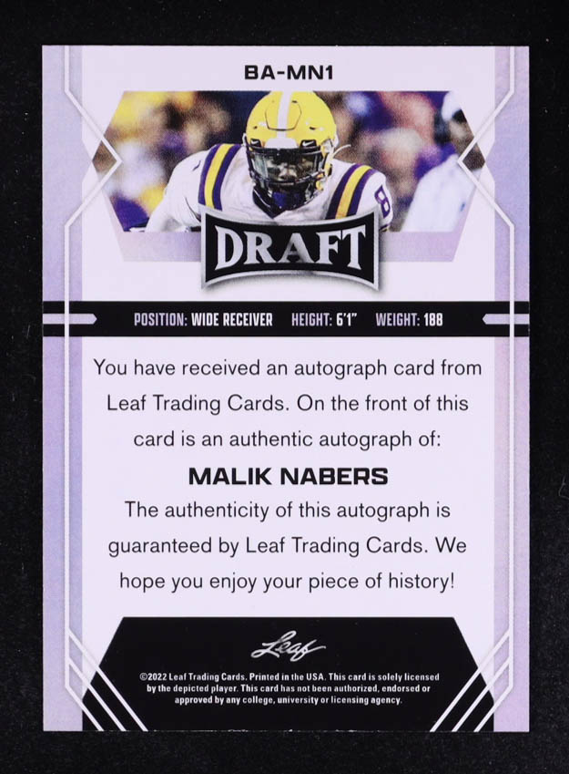Malik Nabers 2022 Leaf Draft and Prospects Autographs Gold #BAMN1 RC at PristineAuction.com Malik Nabers 2022 Leaf Draft and Prospects Autographs Gold #BAMN1 RC at PristineAuction.com