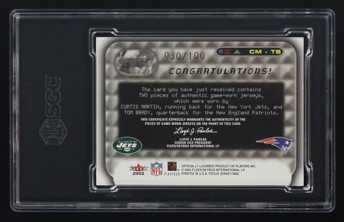 Tom Brady / Curtis Martin 2002 Fleer Focus Jersey Edition Franchise Focus Rival Materials #CMTB #30/100 (SGC 7) at PristineAuction.com Tom Brady / Curtis Martin 2002 Fleer Focus Jersey Edition Franchise Focus Rival Materials #CMTB #30/100 (SGC 7) at PristineAuction.com