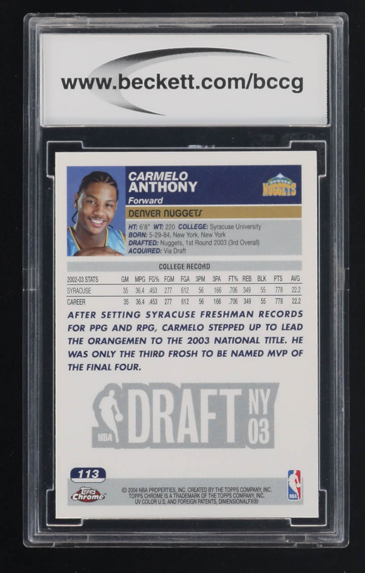 Carmelo Anthony 2003-04 Topps Chrome #113 RC (BCCG 10) at PristineAuction.com Carmelo Anthony 2003-04 Topps Chrome #113 RC (BCCG 10) at PristineAuction.com