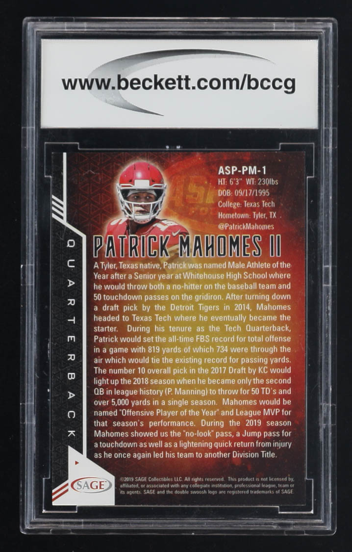 Patrick Mahomes II 2019 SAGE Aspire #ASPPM1 (BCCG 10) at PristineAuction.com Patrick Mahomes II 2019 SAGE Aspire #ASPPM1 (BCCG 10) at PristineAuction.com