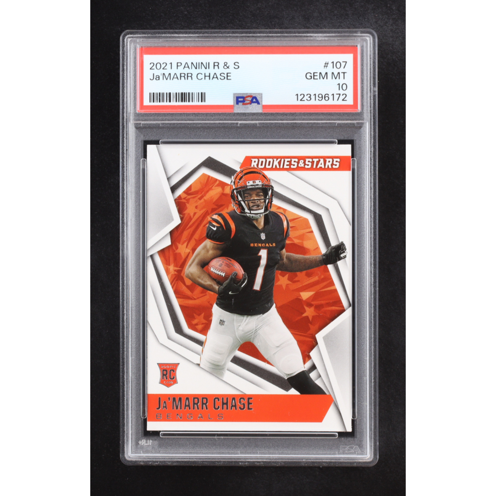 Ja'Marr Chase 2021 Panini Rookies & Stars #107 RC (PSA 10) at PristineAuction.com Ja'Marr Chase 2021 Panini Rookies & Stars #107 RC (PSA 10) at PristineAuction.com