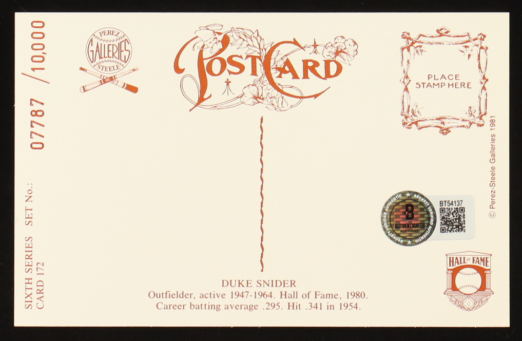 Duke Snider Signed 1981 Perez-Steele #172 Postcard #7787/10000 (Beckett) at PristineAuction.com Duke Snider Signed 1981 Perez-Steele #172 Postcard #7787/10000 (Beckett) at PristineAuction.com