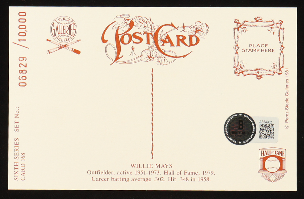 Willie Mays Signed 1981 Perez-Steele #168 Postcard #6829/10000 (Beckett) at PristineAuction.com Willie Mays Signed 1981 Perez-Steele #168 Postcard #6829/10000 (Beckett) at PristineAuction.com