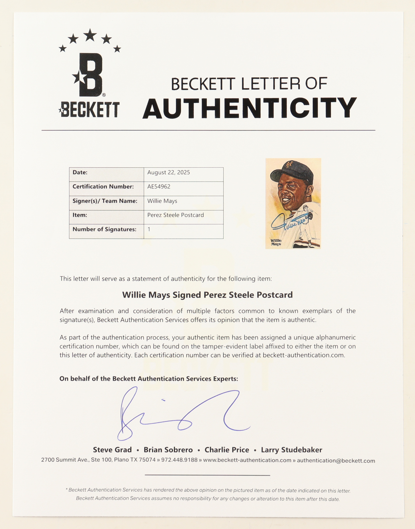 Willie Mays Signed 1981 Perez-Steele #168 Postcard #6829/10000 (Beckett) at PristineAuction.com Willie Mays Signed 1981 Perez-Steele #168 Postcard #6829/10000 (Beckett) at PristineAuction.com