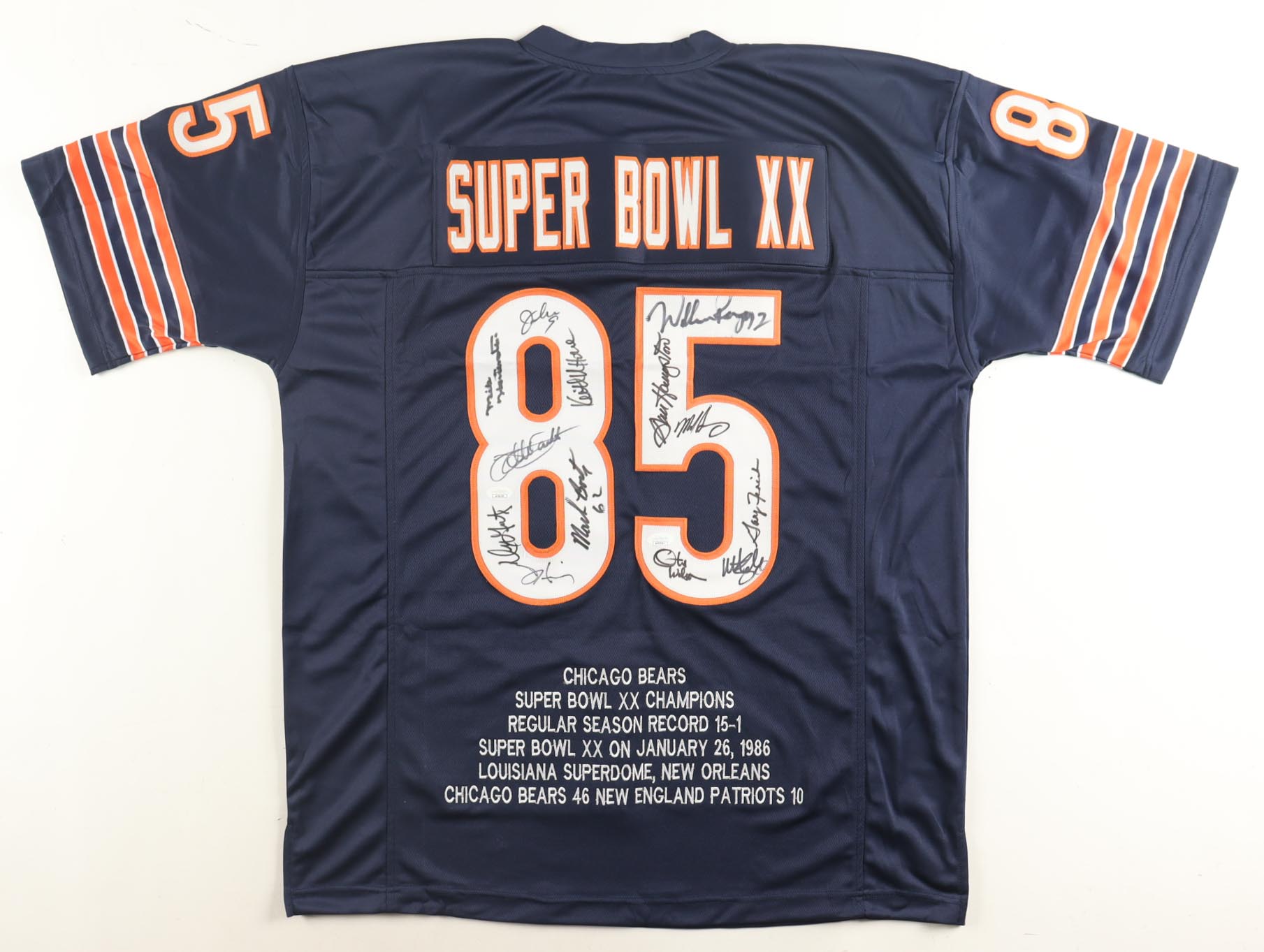 1985 Chicago Bears "Super Bowl XX" Highlight Team-Signed Jersey By (13) With William Perry, Dan Hampton, Mike Singletary, Otis Wilson (JSA) at PristineAuction.com 1985 Chicago Bears "Super Bowl XX" Highlight Team-Signed Jersey By (13) With William Perry, Dan Hampton, Mike Singletary, Otis Wilson (JSA) at PristineAuction.com