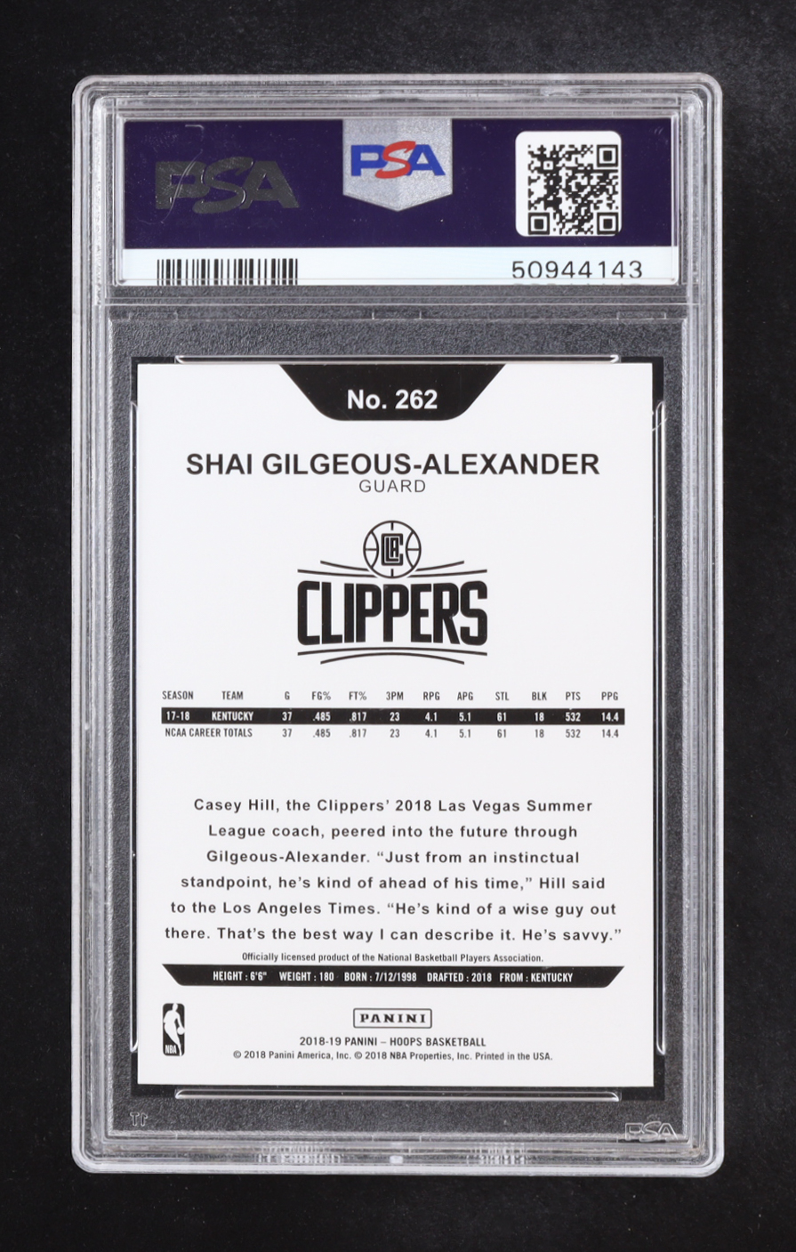 Shai Gilgeous-Alexander 2018 Panini Hoops #262 RC (PSA 9) at PristineAuction.com Shai Gilgeous-Alexander 2018 Panini Hoops #262 RC (PSA 9) at PristineAuction.com