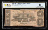 1862 Confederate States of America $10 Currency Note T-52, No Series (PCGS Choice Fine 15) at PristineAuction.com