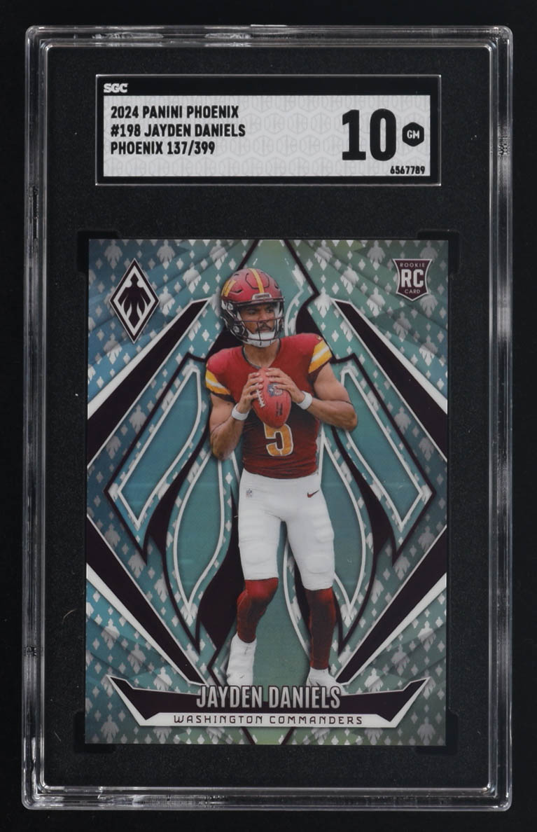 Jayden Daniels 2024 Panini Phoenix Phoenix #198 #137/199 RC (SGC 10) at PristineAuction.com Jayden Daniels 2024 Panini Phoenix Phoenix #198 #137/199 RC (SGC 10) at PristineAuction.com