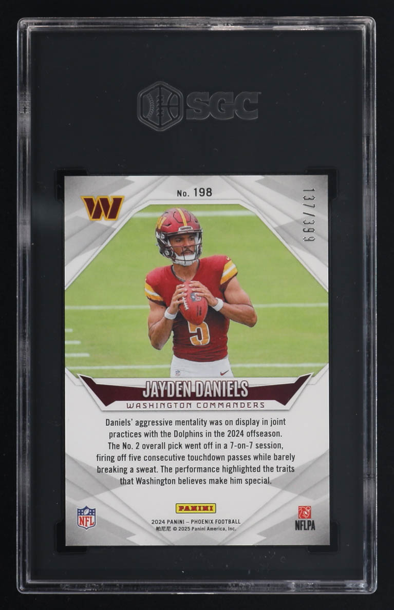 Jayden Daniels 2024 Panini Phoenix Phoenix #198 #137/199 RC (SGC 10) at PristineAuction.com Jayden Daniels 2024 Panini Phoenix Phoenix #198 #137/199 RC (SGC 10) at PristineAuction.com