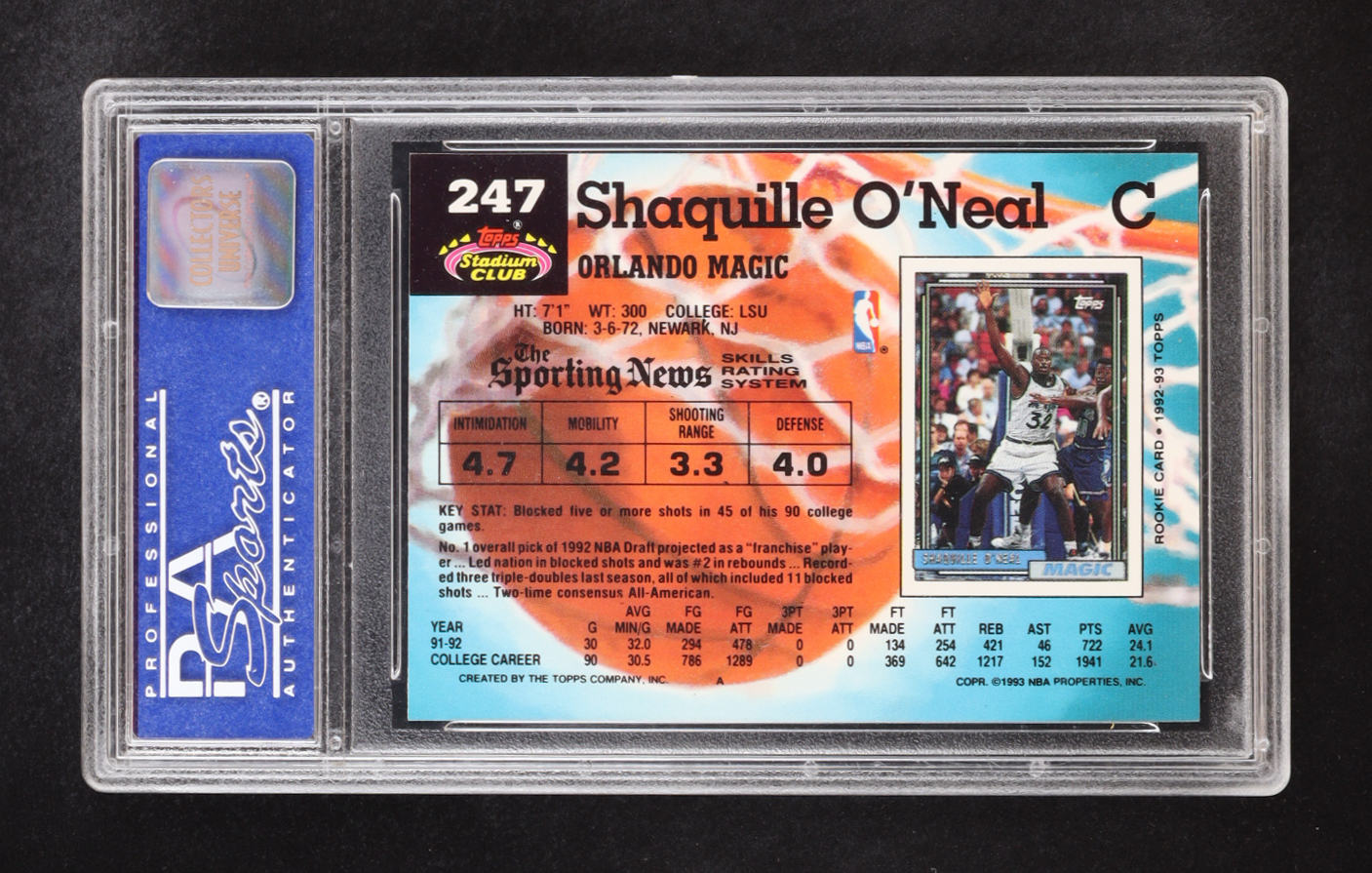 Shaquille O'Neal 1992 Topps Stadium Club #247 RC (PSA 9) at PristineAuction.com Shaquille O'Neal 1992 Topps Stadium Club #247 RC (PSA 9) at PristineAuction.com