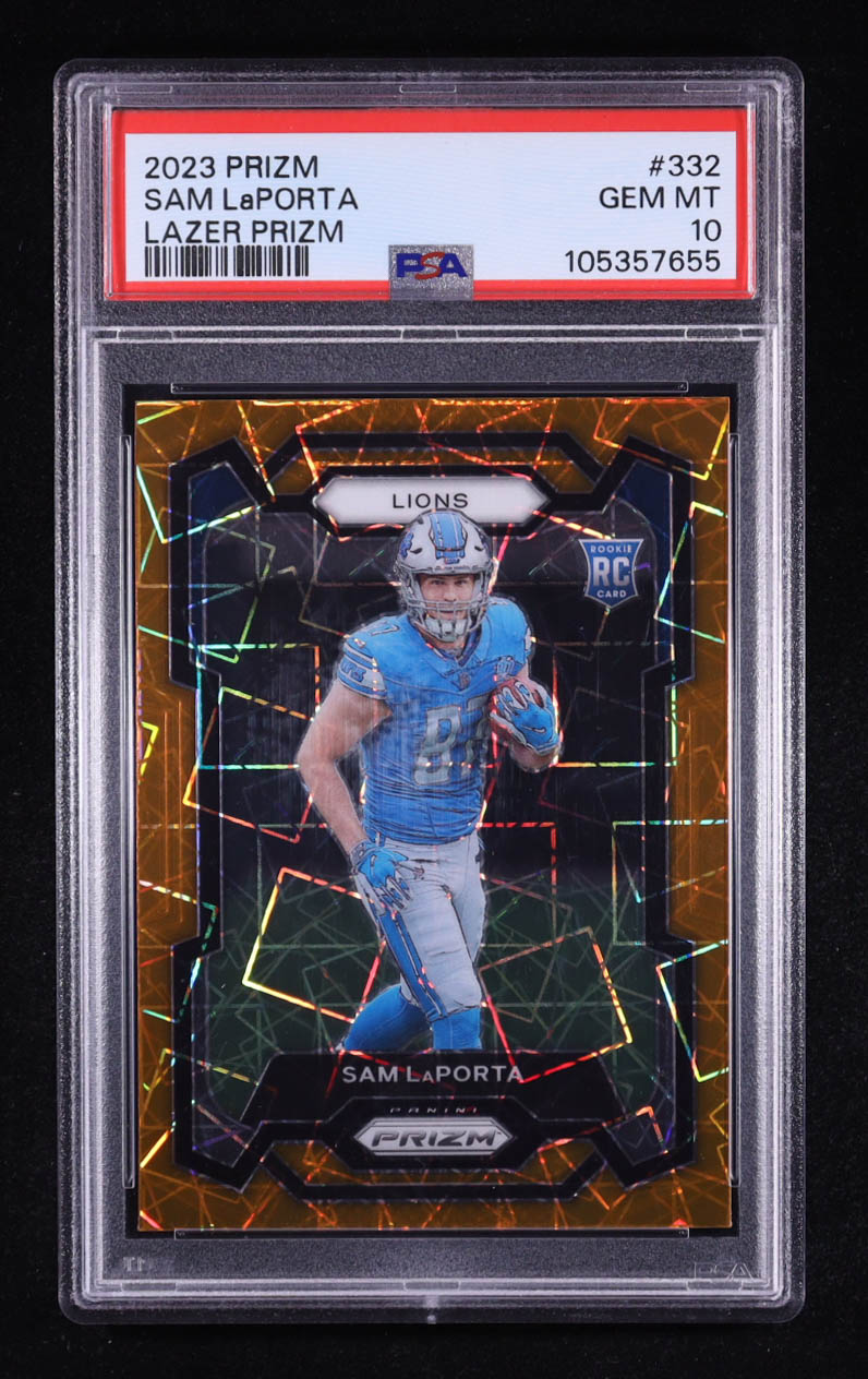 Sam LaPorta 2023 Panini Prizm Prizms Orange Lazer #332 RC (PSA 10) at PristineAuction.com Sam LaPorta 2023 Panini Prizm Prizms Orange Lazer #332 RC (PSA 10) at PristineAuction.com