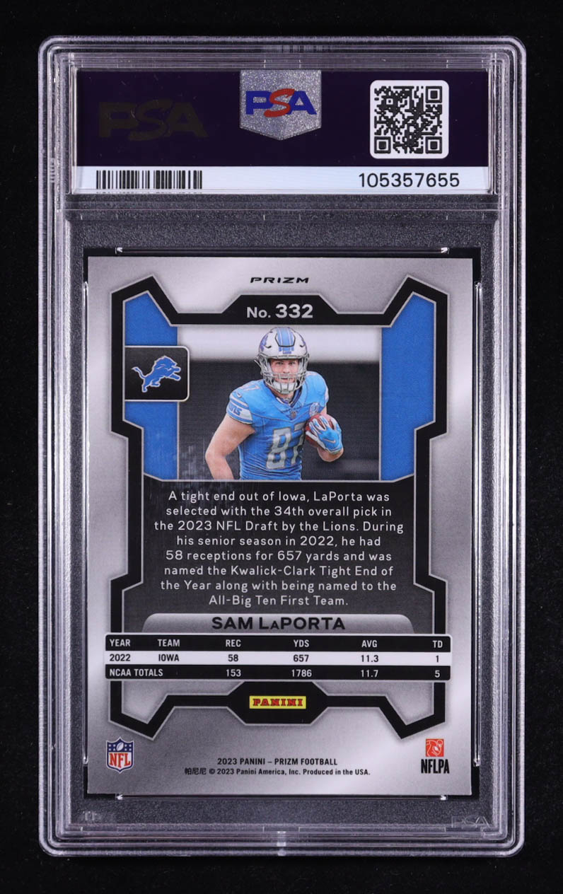 Sam LaPorta 2023 Panini Prizm Prizms Orange Lazer #332 RC (PSA 10) at PristineAuction.com Sam LaPorta 2023 Panini Prizm Prizms Orange Lazer #332 RC (PSA 10) at PristineAuction.com