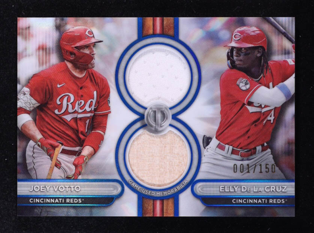 Elly De La Cruz RC / Joey Votto 2024 Topps Tribute Dual Player Relics Blue #DR2VD #001/150