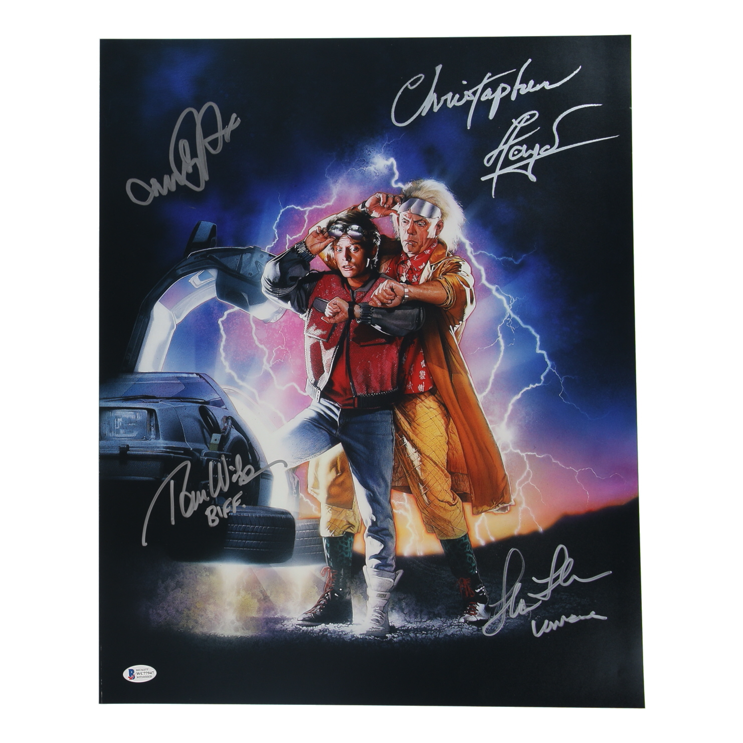 "Back to the Future" 16x20 Photo Signed by (4) with Michael J. Fox, Christopher Lloyd, Lea Thompson, Tom Wilson With Character Inscriptions (Beckett) at PristineAuction.com "Back to the Future" 16x20 Photo Signed by (4) with Michael J. Fox, Christopher Lloyd, Lea Thompson, Tom Wilson With Character Inscriptions (Beckett) at PristineAuction.com