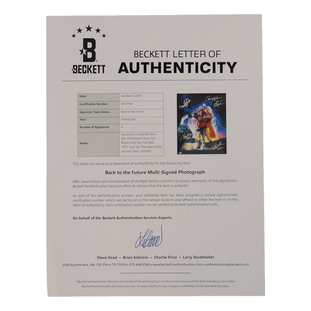 "Back to the Future" 16x20 Photo Signed by (4) with Michael J. Fox, Christopher Lloyd, Lea Thompson, Tom Wilson With Character Inscriptions (Beckett) at PristineAuction.com "Back to the Future" 16x20 Photo Signed by (4) with Michael J. Fox, Christopher Lloyd, Lea Thompson, Tom Wilson With Character Inscriptions (Beckett) at PristineAuction.com