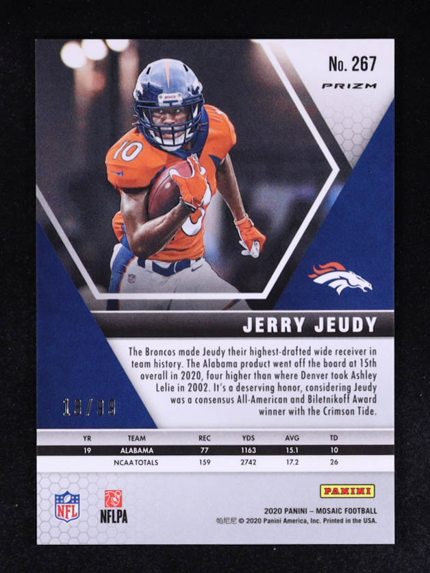 Jerry Jeudy 2020 Panini Mosaic Mosaic Blue #267 #18/99 DEB RC at PristineAuction.com Jerry Jeudy 2020 Panini Mosaic Mosaic Blue #267 #18/99 DEB RC at PristineAuction.com