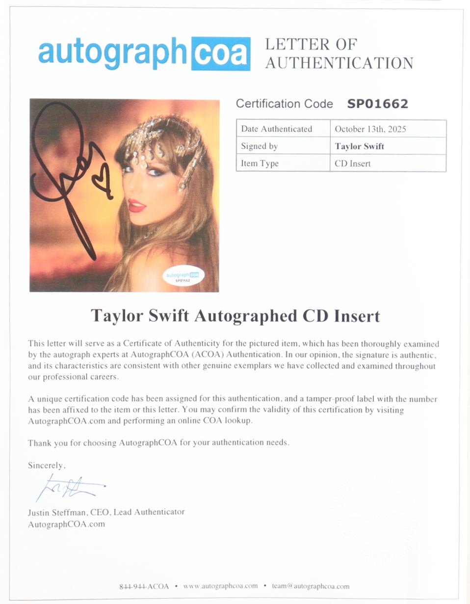 Taylor Swift Signed "The Life of a Showgirl" Custom Framed CD Insert Display (ACOA) at PristineAuction.com Taylor Swift Signed "The Life of a Showgirl" Custom Framed CD Insert Display (ACOA) at PristineAuction.com