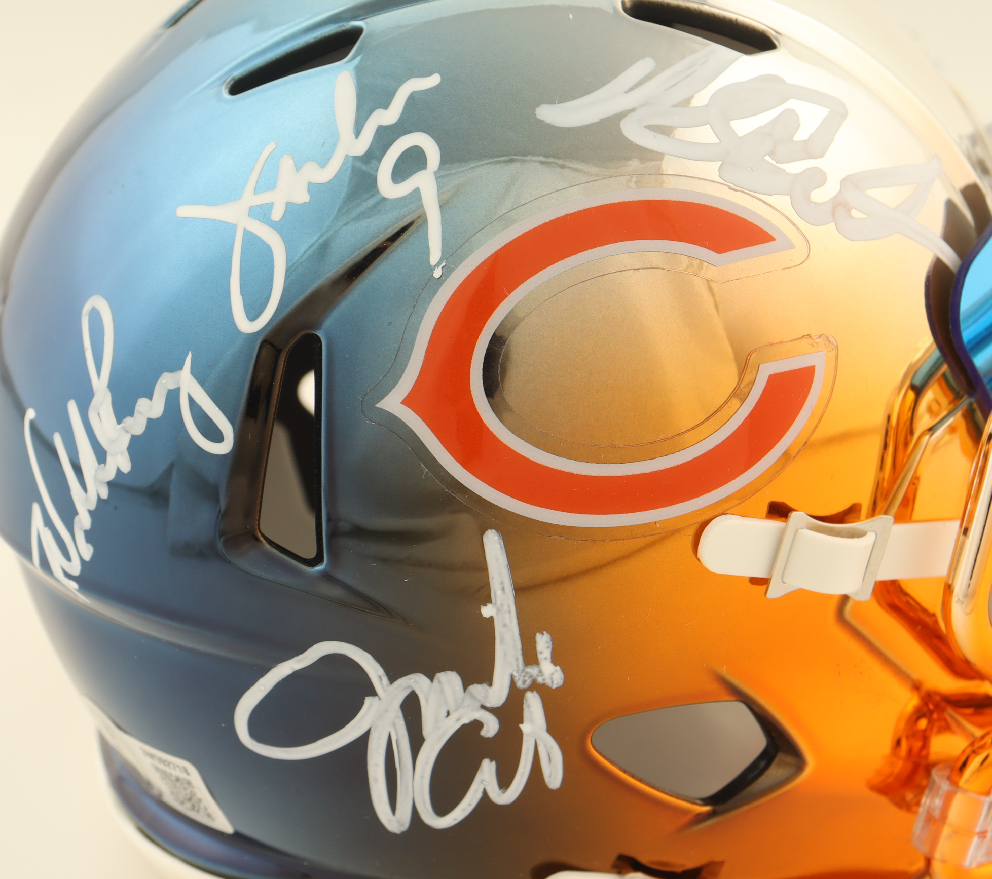 Jim Covert, Richard Dent & Jim McMahon Signed Bears Custom Chrome Alternate Speed Mini Helmet with Custom Visor (Beckett) at PristineAuction.com Jim Covert, Richard Dent & Jim McMahon Signed Bears Custom Chrome Alternate Speed Mini Helmet with Custom Visor (Beckett) at PristineAuction.com