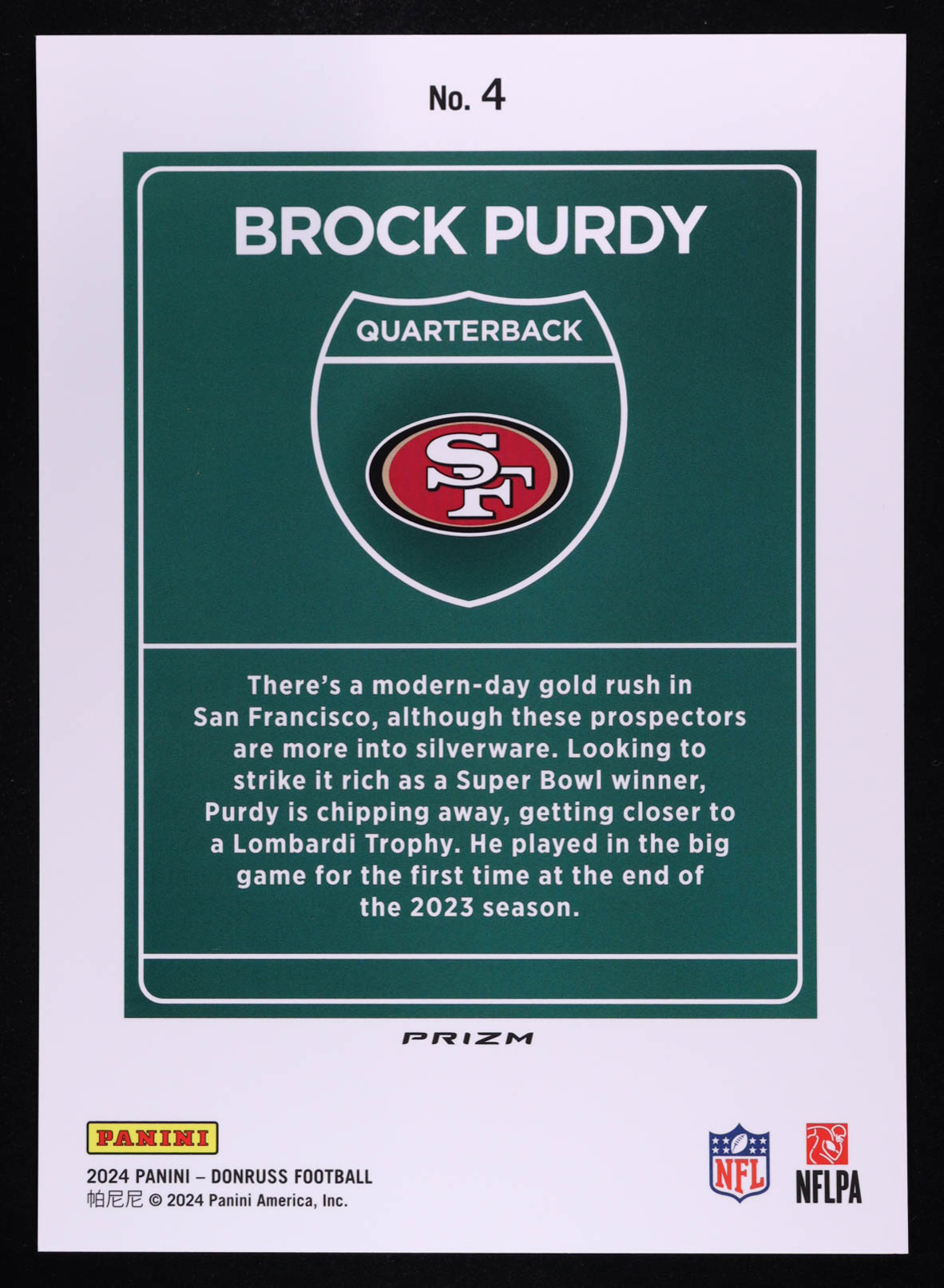 Brock Purdy 2024 Donruss Downtown! Oversize #4 at PristineAuction.com Brock Purdy 2024 Donruss Downtown! Oversize #4 at PristineAuction.com