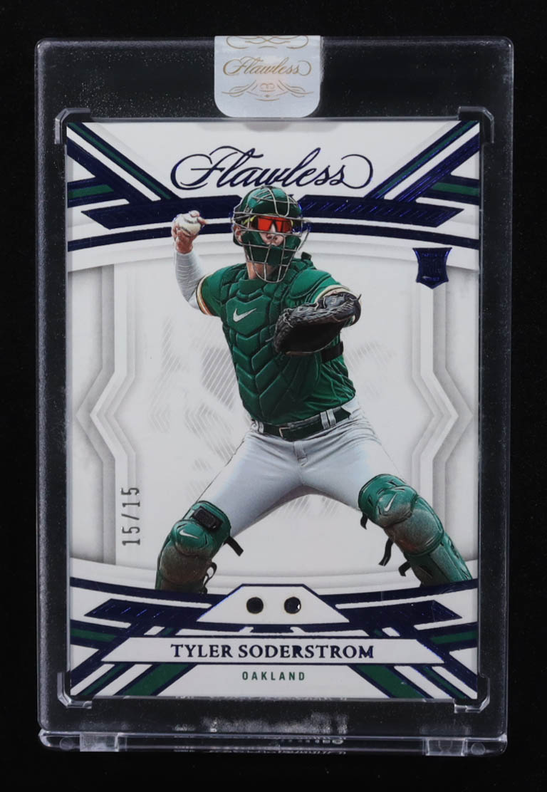 Tyler Soderstrom 2023 Panini Flawless Sapphire Dual Gems #25 RC #15/15 at PristineAuction.com Tyler Soderstrom 2023 Panini Flawless Sapphire Dual Gems #25 RC #15/15 at PristineAuction.com
