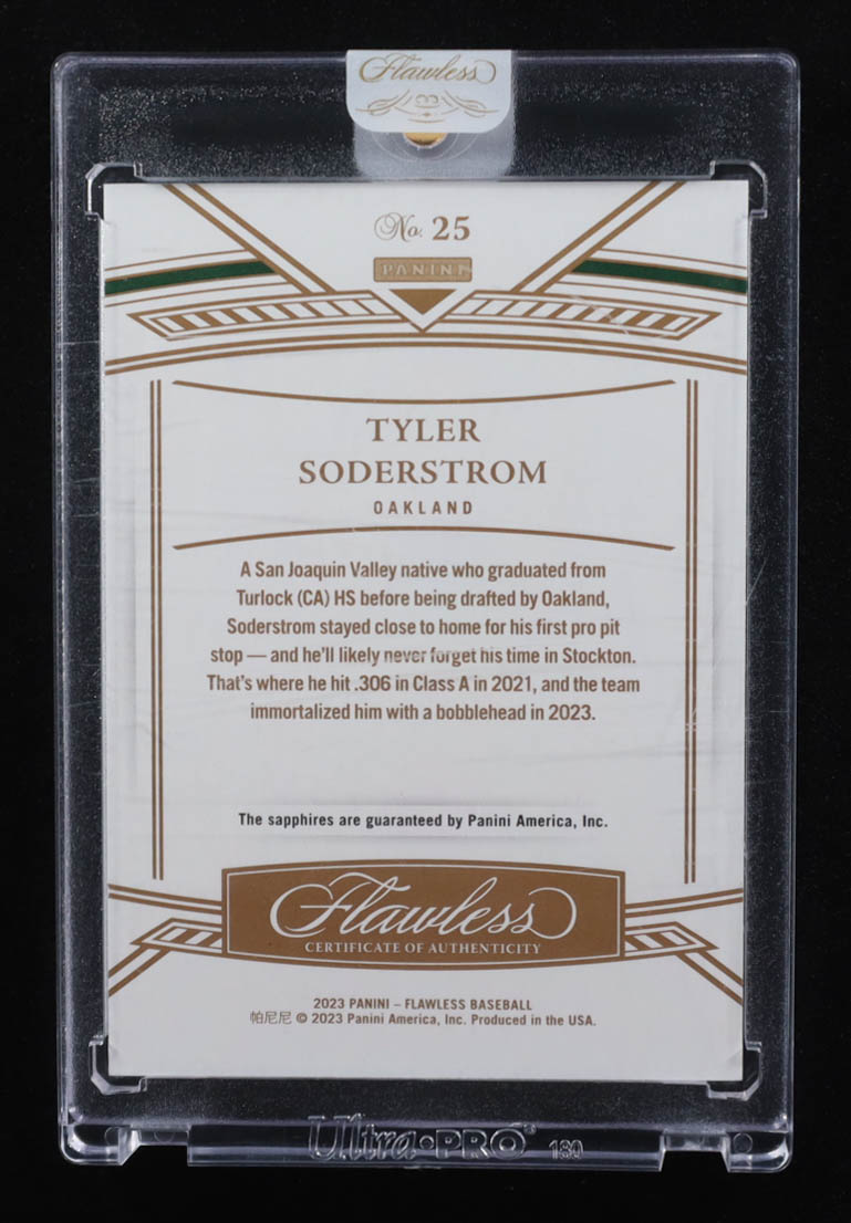 Tyler Soderstrom 2023 Panini Flawless Sapphire Dual Gems #25 RC #15/15 at PristineAuction.com Tyler Soderstrom 2023 Panini Flawless Sapphire Dual Gems #25 RC #15/15 at PristineAuction.com