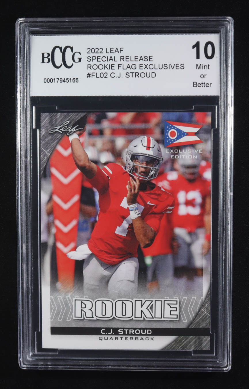 CJ Stroud 2022 Leaf Special Release Rookie Flag Exclusives #FL02 RC (BCCG 10) at PristineAuction.com CJ Stroud 2022 Leaf Special Release Rookie Flag Exclusives #FL02 RC (BCCG 10) at PristineAuction.com