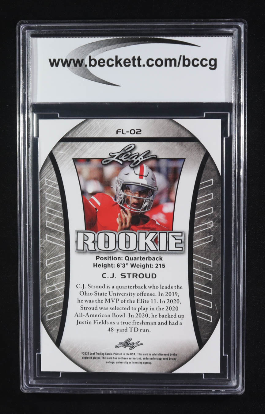 CJ Stroud 2022 Leaf Special Release Rookie Flag Exclusives #FL02 RC (BCCG 10) at PristineAuction.com CJ Stroud 2022 Leaf Special Release Rookie Flag Exclusives #FL02 RC (BCCG 10) at PristineAuction.com