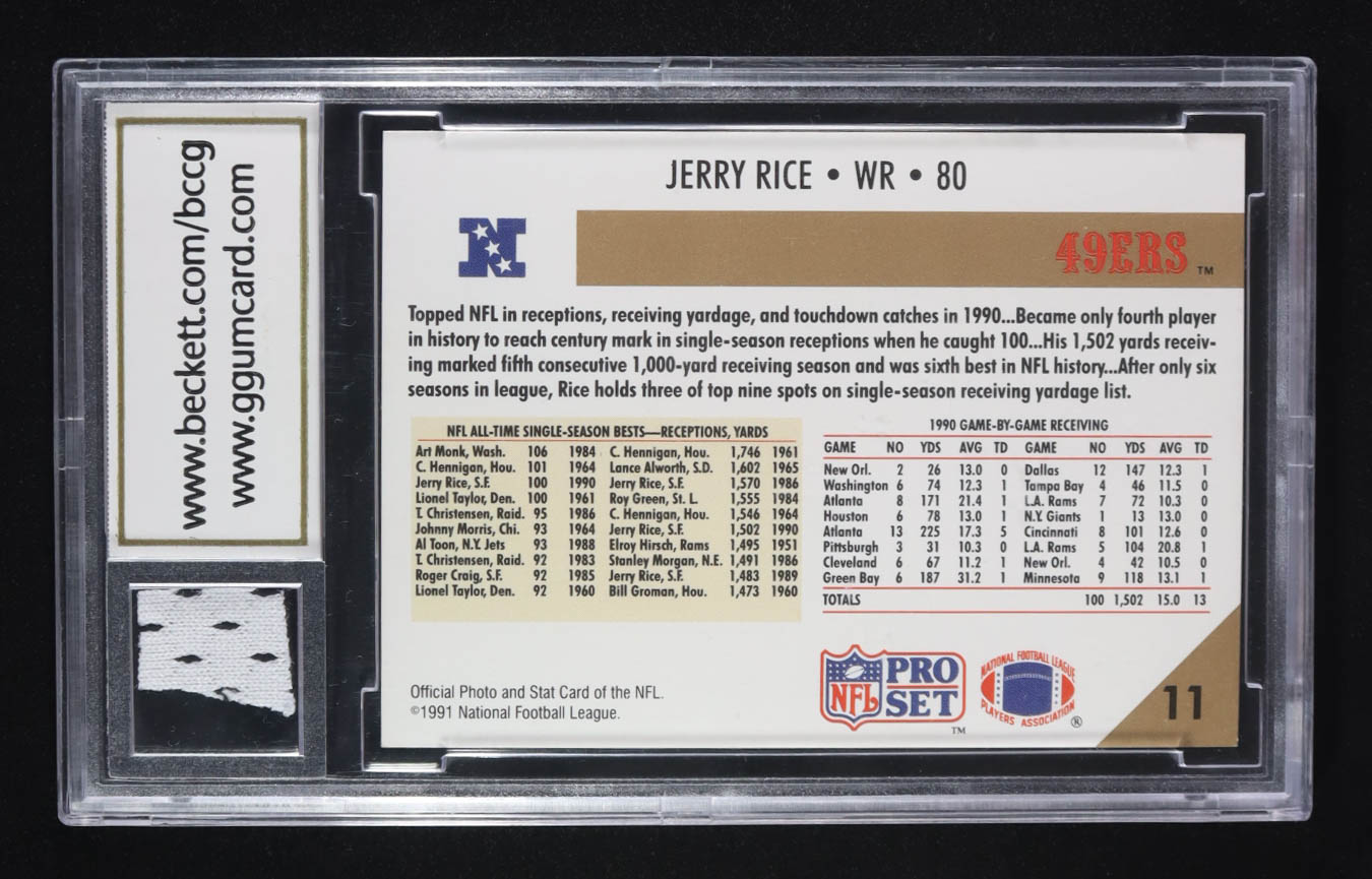 Jerry Rice 1991 Pro Set #11 with Game Used Jersey (BCCG 10) at PristineAuction.com Jerry Rice 1991 Pro Set #11 with Game Used Jersey (BCCG 10) at PristineAuction.com