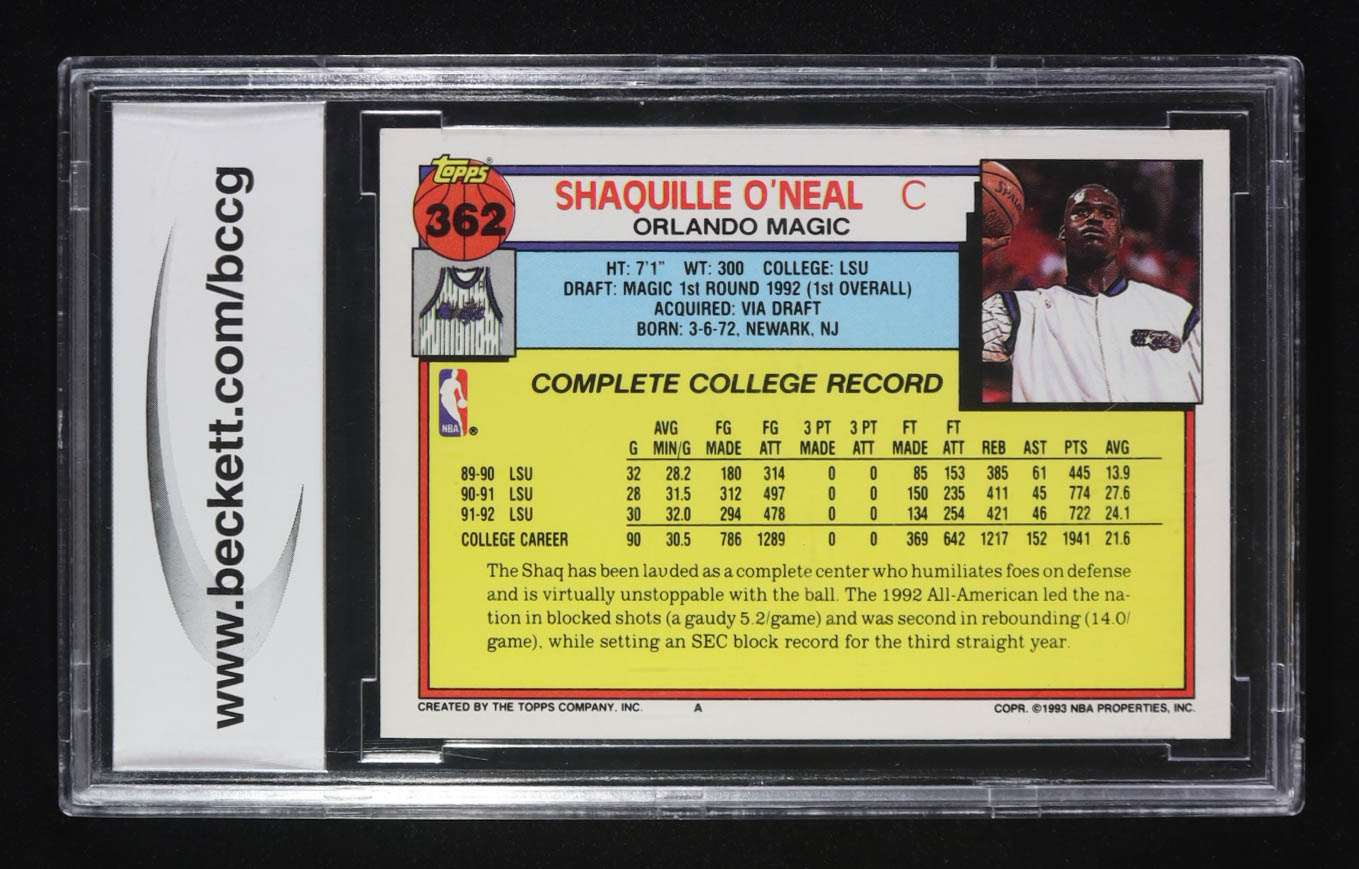 Shaquille O'Neal 1992-93 Topps #362 RC (BCCG 10) at PristineAuction.com Shaquille O'Neal 1992-93 Topps #362 RC (BCCG 10) at PristineAuction.com