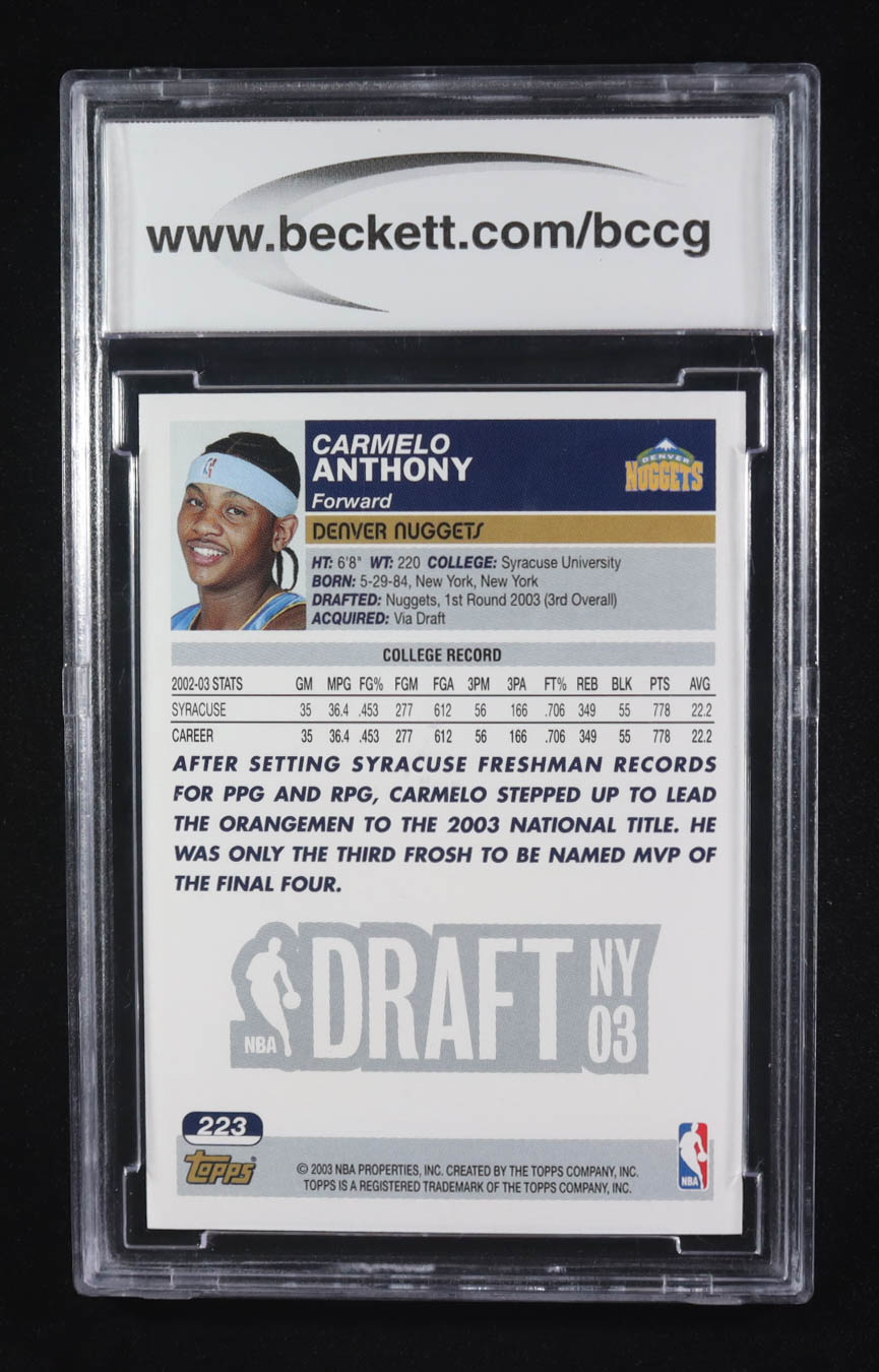 Carmelo Anthony 2003-04 Topps #223 RC (BCCG 10) at PristineAuction.com Carmelo Anthony 2003-04 Topps #223 RC (BCCG 10) at PristineAuction.com