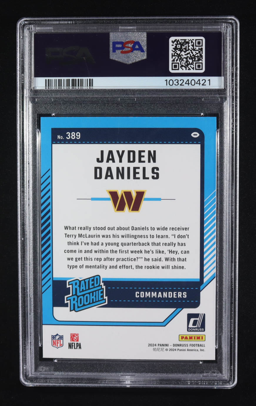 Jayden Daniels 2024 Donruss #389 RR RC (PSA 10) at PristineAuction.com Jayden Daniels 2024 Donruss #389 RR RC (PSA 10) at PristineAuction.com