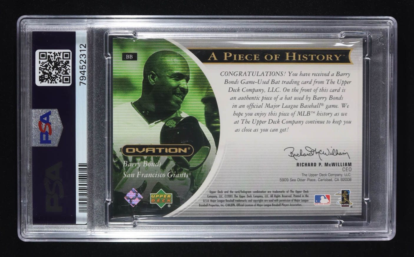 Barry Bonds 2001 UD Ovation A Piece of History Bat #BB (PSA 8) at PristineAuction.com Barry Bonds 2001 UD Ovation A Piece of History Bat #BB (PSA 8) at PristineAuction.com