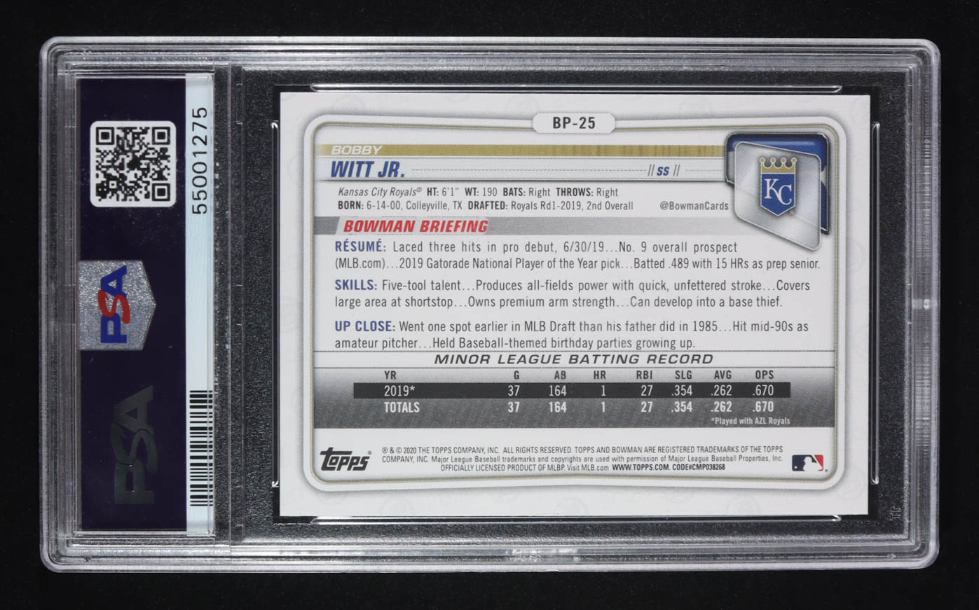 Bobby Witt Jr. 2020 Bowman Prospects #BP25 RC (PSA 10) at PristineAuction.com Bobby Witt Jr. 2020 Bowman Prospects #BP25 RC (PSA 10) at PristineAuction.com
