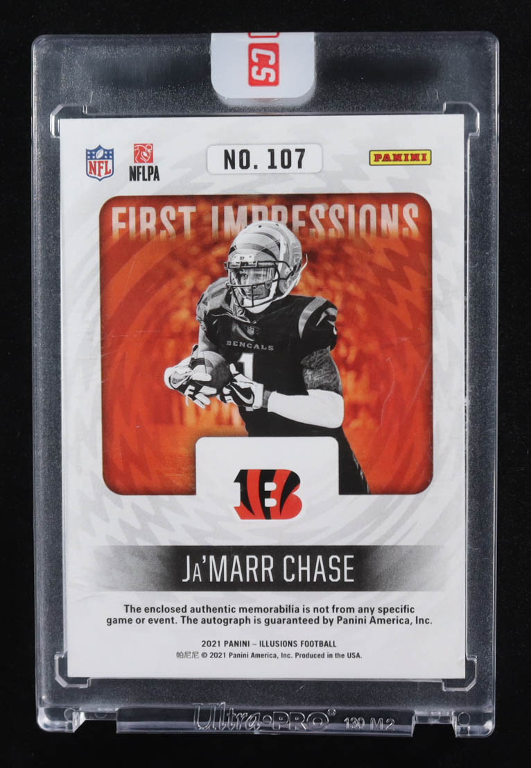 Ja'Marr Chase 2021 Panini Illusions First Impressions Autograph Memorabilia Blue #107 RC #5/75 at PristineAuction.com Ja'Marr Chase 2021 Panini Illusions First Impressions Autograph Memorabilia Blue #107 RC #5/75 at PristineAuction.com